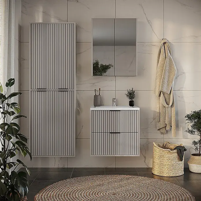 Vicco Badmöbel-Set Ruford Cashmere 4 Teile - Cashmere, Matt - Wandmontiertes hellgraues Badmöbelset mit schwarzen Lamellenfronten: Hochschrank, Waschtisch und Spiegelschrank im modernen Bad.
