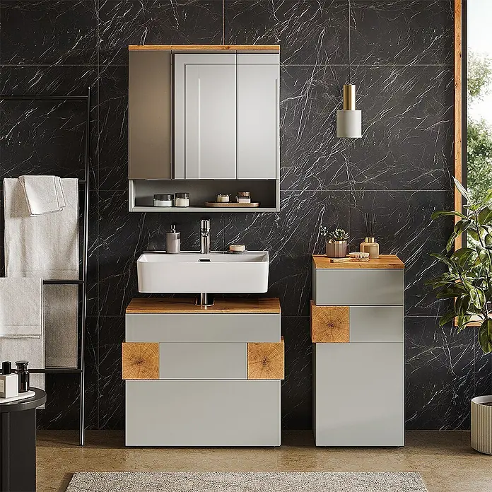 Vicco Badmöbel-Set Eden Grau 3 Teile - Grau, Matt - Modernes hellgraues Badmöbel-Set mit Holzdetails, weißem Waschbecken und Spiegelschrank.