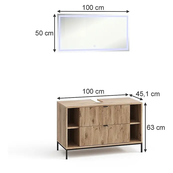 Vicco Badmöbel-Set Eliza Viking Oak 2 Teile - Viking Oak, Matt - Hölzerner Waschtischunterschrank (100x45,1x63 cm) mit texturierten Schubladen und schwarzen Beinen, mit LED-Spiegel (100x50 cm).