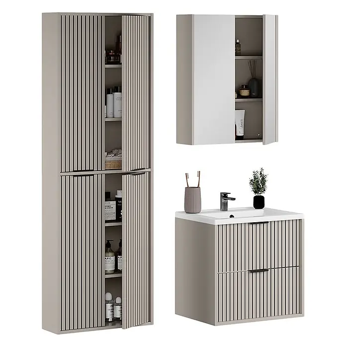 Vicco Badmöbel-Set Ruford Cashmere 4 Teile - Cashmere, Matt - Modernes Badezimmermöbelset in Hellbeige mit vertikalen schwarzen Lamellendetails, bestehend aus Hochschrank, Wandschrank und Waschtischunterschrank mit Spüle.