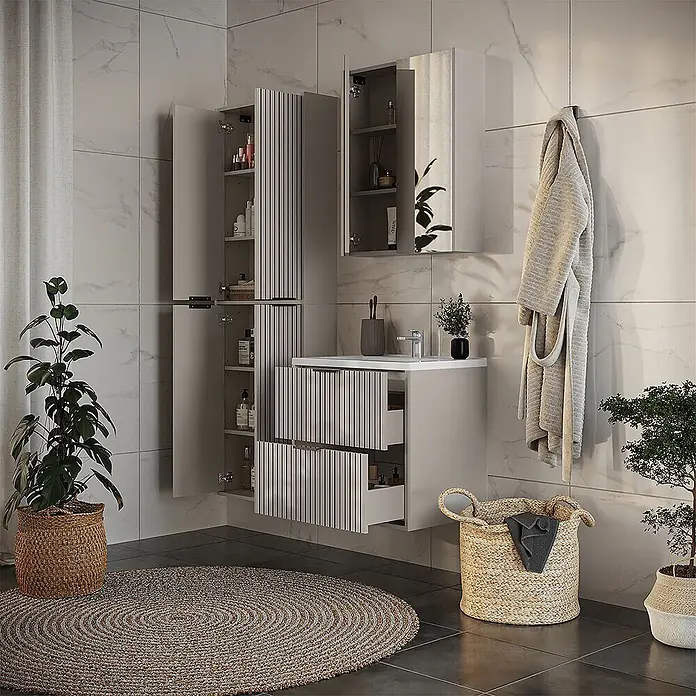 Vicco Badmöbel-Set Ruford Cashmere 4 Teile - Cashmere, Matt - Modernes hellgraues Badmöbelset mit Lamellenakzenten, Waschtisch, Hochschränken und Spiegelschrank für viel Stauraum.