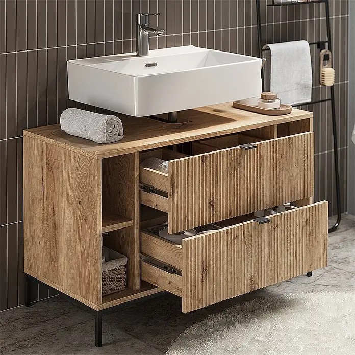 Vicco Badmöbel-Set Eliza Viking Oak 2 Teile - Viking Oak, Matt - Moderner Waschtischunterschrank aus heller Eiche mit weißem Becken, zwei gerippten Schubladen und offenen Seitenfächern.