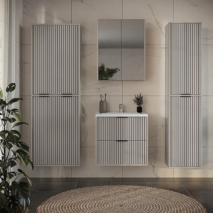 Vicco Badmöbel-Set Ruford Cashmere 4 Teile - Cashmere, Matt - Modernes Badezimmermöbel-Set in heller Holzoptik mit Lamellen, bestehend aus Waschtischunterschrank, Spiegelschrank und zwei Hochschränken.