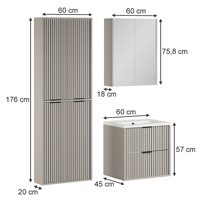 Vicco Badmöbel-Set Ruford Cashmere 4 Teile - Cashmere, Matt - Set aus hellbeigen Badmöbeln: Hochschrank, Wandschrank und Waschtischunterschrank mit Spüle, teils mit vertikalem Lattenmuster.