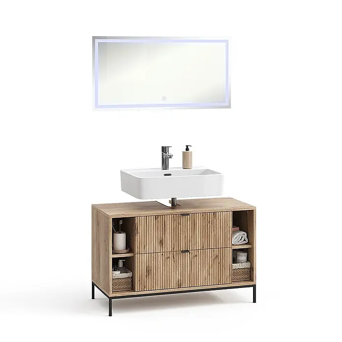 Vicco Badmöbel-Set Eliza Viking Oak 2 Teile - Viking Oak, Matt - Badezimmermöbel-Set: heller Holzschrank mit geriffelten Schubladen, weißem rechteckigem Waschbecken und beleuchtetem Spiegel.