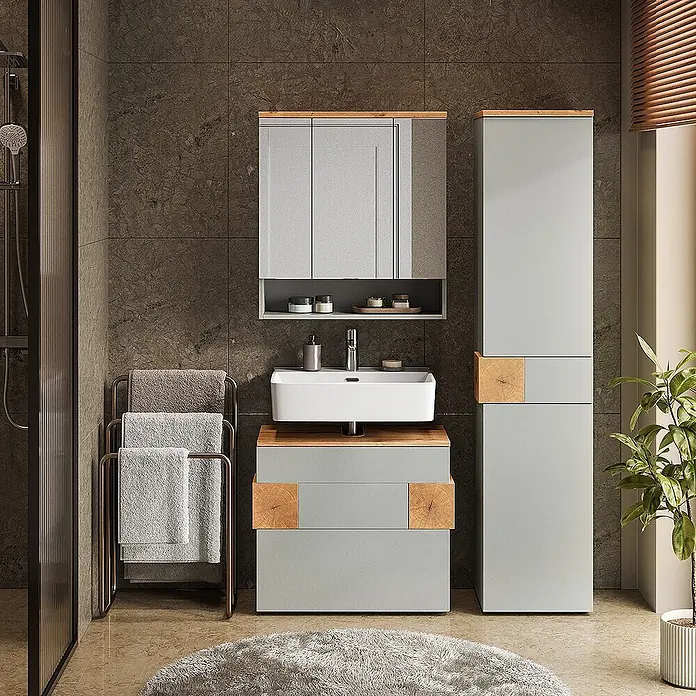 Vicco Badmöbel-Set Eden Grau 3 Teile - Grau, Matt - Modernes hellgraues Badezimmer-Waschtischset mit weißem Waschbecken, Spiegelschrank und hohem Stauraumschrank, alles mit Naturholz-Akzenten.