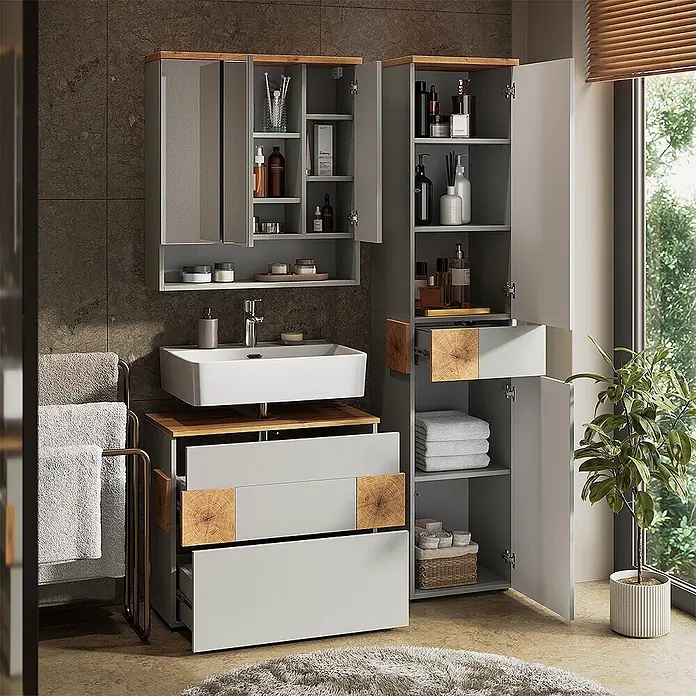 Vicco Badmöbel-Set Eden Grau 3 Teile - Grau, Matt - Modernes Badmöbel-Set in Grau mit Holzdetails, Waschbecken und viel Stauraum, präsentiert mit Schubladen und Regalen.