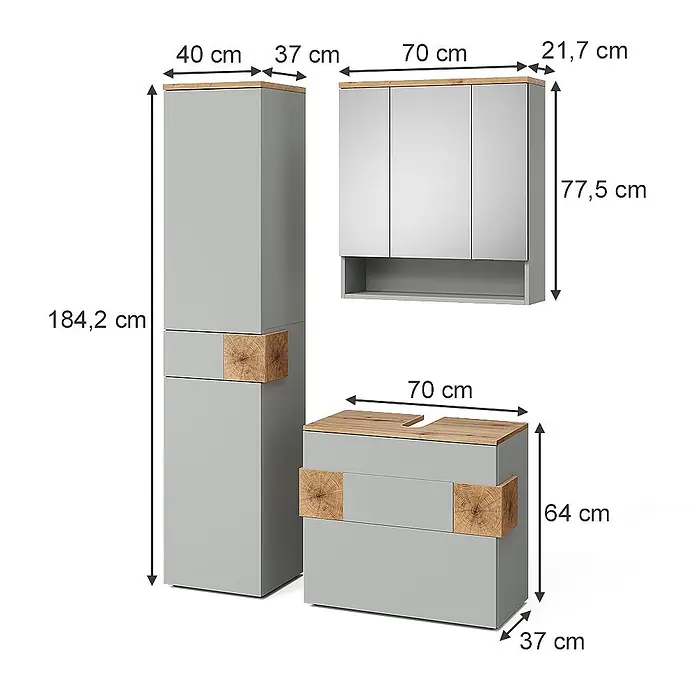 Vicco Badmöbel-Set Eden Grau 3 Teile - Grau, Matt - Graues Badmöbel-Set mit Holzdetails: Hochschrank, Spiegelschrank und Waschtischunterschrank.