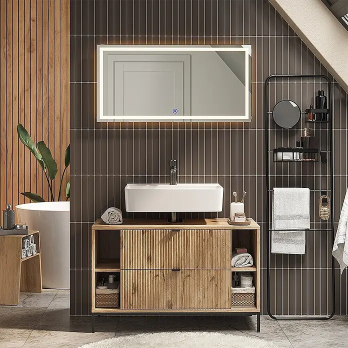 Vicco Badmöbel-Set Eliza Viking Oak 2 Teile - Viking Oak, Matt - Moderner Waschtisch aus Naturholz mit weißem Waschbecken, beleuchtetem Spiegel und schwarzen Akzenten im stilvollen Bad.