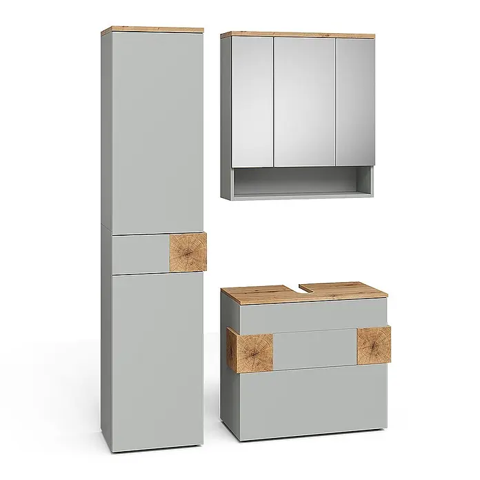 Vicco Badmöbel-Set Eden Grau 3 Teile - Grau, Matt - Hellgraues Badmöbel-Set mit Holzakzenten und -platten, bestehend aus Hochschrank, Spiegelschrank und Waschtischunterschrank.