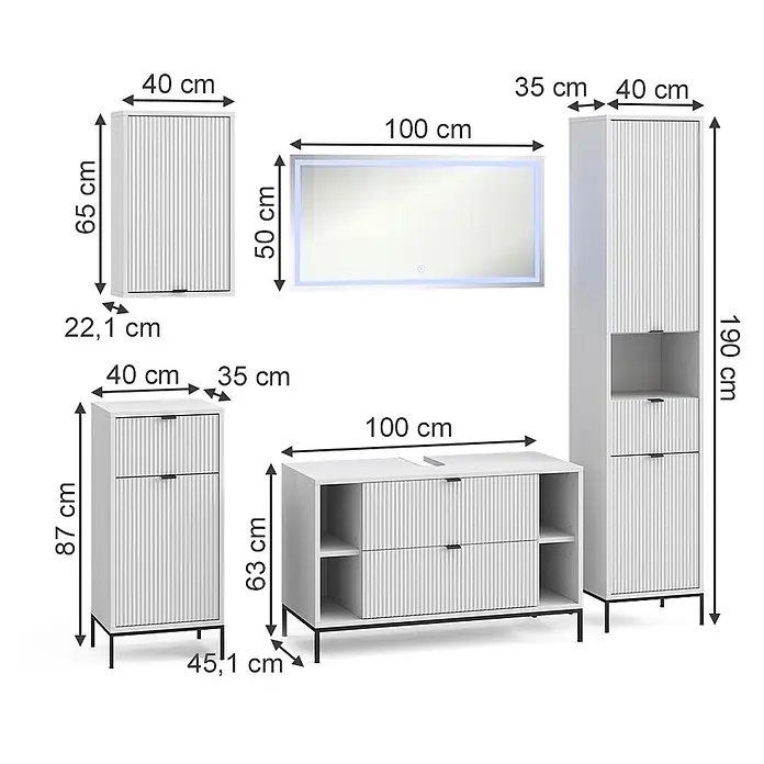 Vicco Badmöbel-Set Eliza Weiß 5 Teile - Weiß, Matt - Weißes Badezimmermöbel-Set mit gerippten Fronten: Wandschrank, LED-Spiegel, Waschtisch, Hochschrank und Beistellschrank, alle bemaßt.