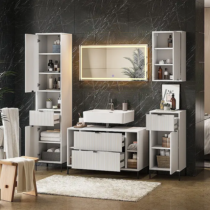 Vicco Badmöbel-Set Eliza Weiß 5 Teile - Weiß, Matt - Weißes Badmöbelset mit Waschbecken, Hochschrank, Wandschrank und Beistellschrank, mit vertikal gestreifter Textur für modernen Stauraum.