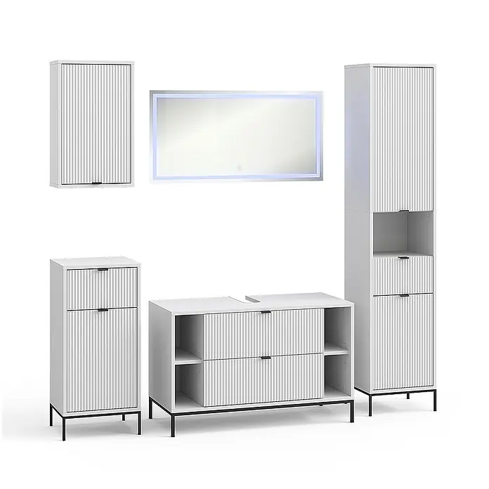 Vicco Badmöbel-Set Eliza Weiß 5 Teile - Weiß, Matt - Weißes geriffeltes Badmöbel-Set: Hängeschrank, beleuchteter Spiegel, Hochschrank und zwei Unterschränke mit schwarzen Akzenten.