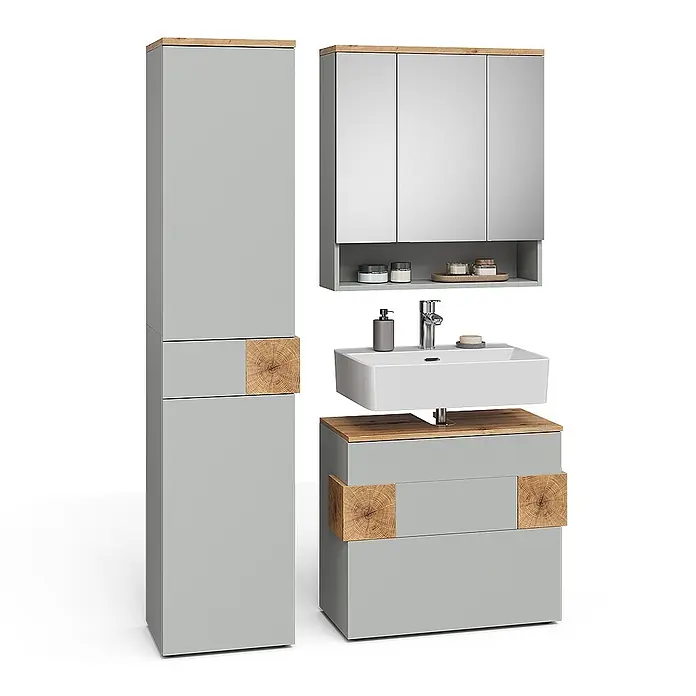 Vicco Badmöbel-Set Eden Grau 3 Teile - Grau, Matt - Helles graues Badmöbel-Set mit Naturholz-Akzenten und weißem Keramikwaschbecken, bestehend aus Hochschrank, Waschtischunterschrank und Spiegelschrank.