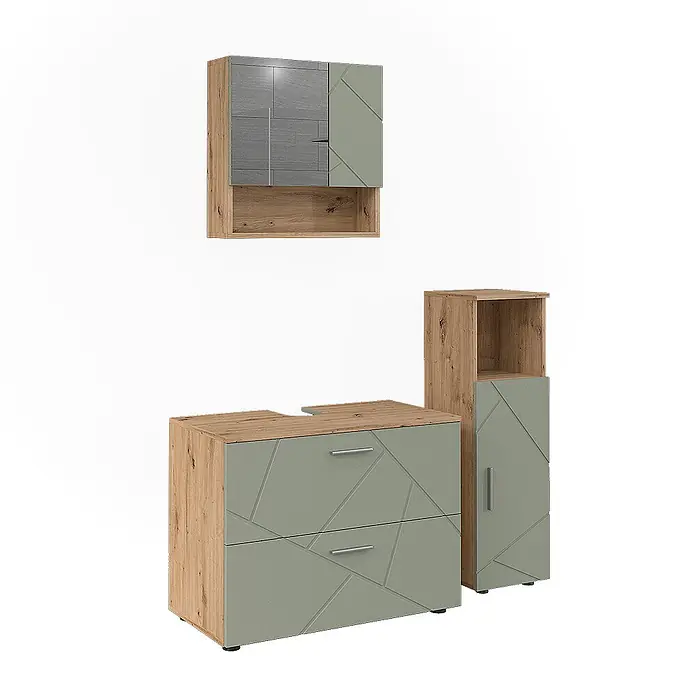 Vicco Badmöbel-Set Irma Salbeigrün 3 Teile - Salbeigrün, Matt - Badezimmermöbel-Set in hellem Holz und Salbeigrün mit geometrischen Fronten. Enthält Wandschrank, Waschtischunterschrank und Hochschrank.