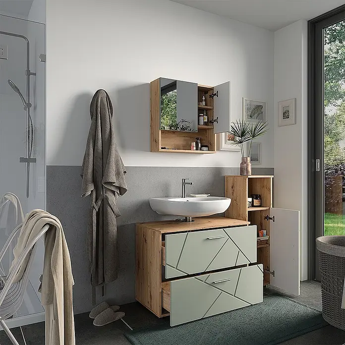 Vicco Badmöbel-Set Irma Salbeigrün 3 Teile - Salbeigrün, Matt - Modernes Badezimmermöbel-Set in heller Holzoptik mit hellgrünen geometrischen Schubladen, Spiegelschrank und einem Beistellschrank.