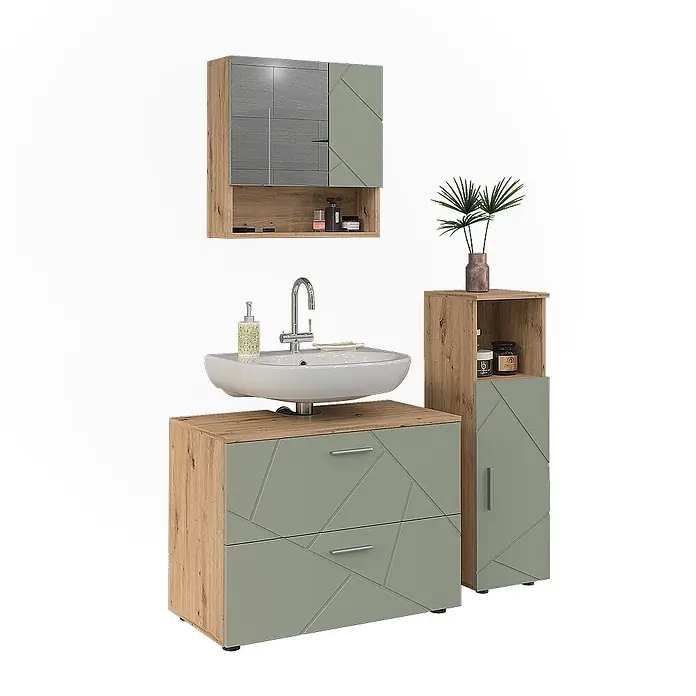 Vicco Badmöbel-Set Irma Salbeigrün 3 Teile - Salbeigrün, Matt - Badezimmermöbel-Set in Holzoptik und Salbeigrün mit Waschtisch, Wandschrank und hohem Stauraum.