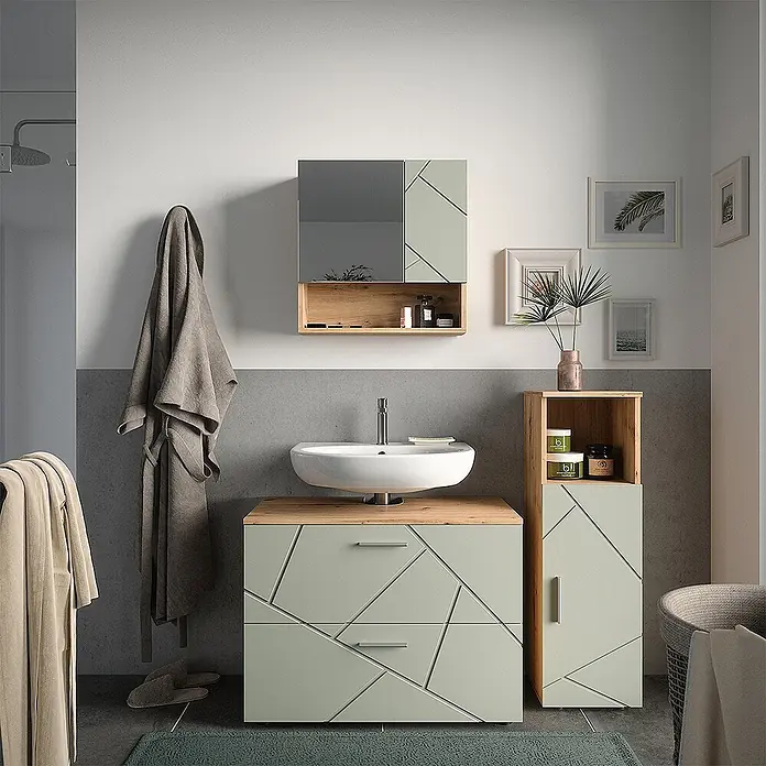 Vicco Badmöbel-Set Irma Salbeigrün 3 Teile - Salbeigrün, Matt - Badezimmermöbel-Set in Hellgrün mit geometrischem Muster, Holzplatte, weißem Waschbecken, Spiegelschrank und hohem Stauraumschrank.