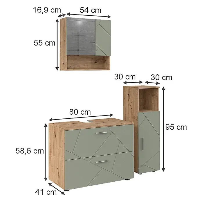Vicco Badmöbel-Set Irma Salbeigrün 3 Teile - Salbeigrün, Matt - Holzmöbel-Set: Hängeschrank, Kommode und Hochschrank mit salbeigrünen Fronten und geometrischen Mustern.