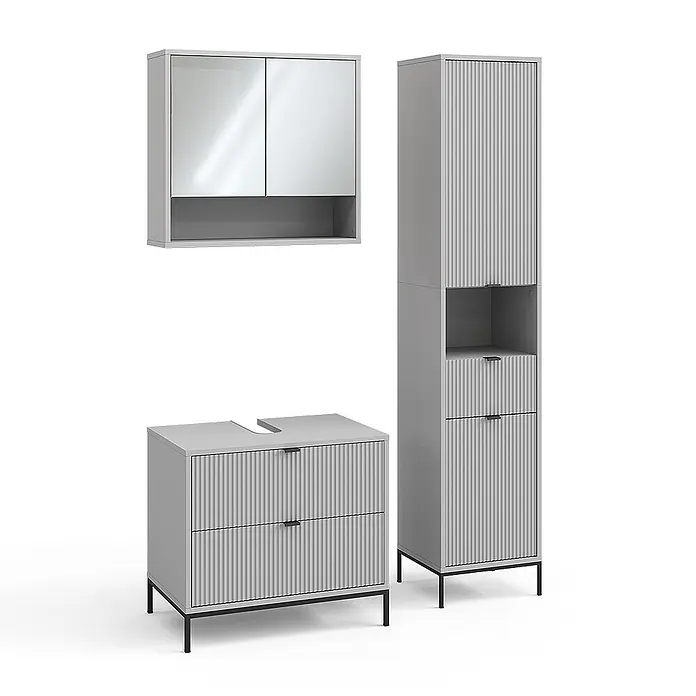 Vicco Badmöbel-Set Eliza Grau 3 Teile - Grau, Matt - Hellgraues geripptes Badmöbel-Set: Spiegelschrank, Waschtischunterschrank mit Aussparung und hoher Stauraumschrank mit schwarzen Griffen/Beinen.