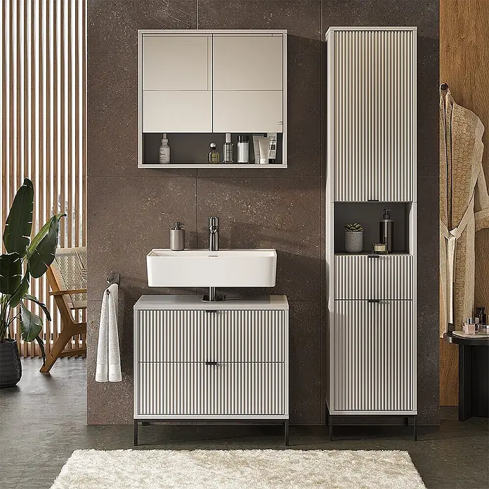 Vicco Badmöbel-Set Eliza Grau 3 Teile - Grau, Matt - Helles, beiges, geriffeltes Badmöbel-Set mit Waschtisch, Spiegelschrank und Hochschrank in einem modernen Bad.