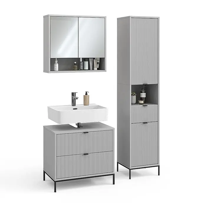 Vicco Badmöbel-Set Eliza Grau 3 Teile - Grau, Matt - Helles graues Badmöbel-Set mit gerippter Textur: Spiegelschrank, Waschtisch mit Waschbecken und hoher Hochschrank.