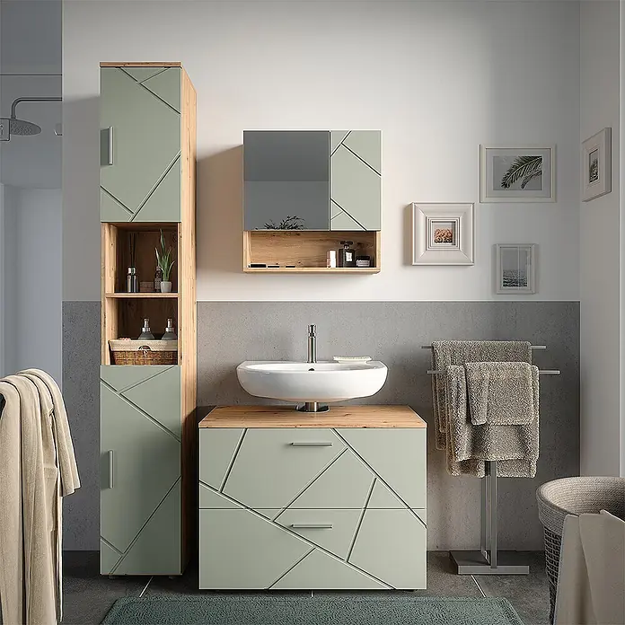 Vicco Badmöbel-Set Irma Salbeigrün 3 Teile - Salbeigrün, Glänzend - Salbeigrüner Badezimmerschrank mit geometrischen Mustern und Holzplatte/Akzenten, Waschbecken und passendem Hochschrank.