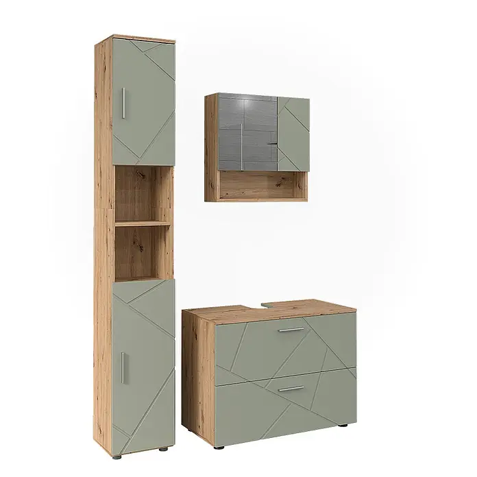 Vicco Badmöbel-Set Irma Salbeigrün 3 Teile - Salbeigrün, Glänzend - Badezimmermöbel-Set mit hellem Holzrahmen und salbeigrünen/grauen Fronten mit geometrischem Muster.