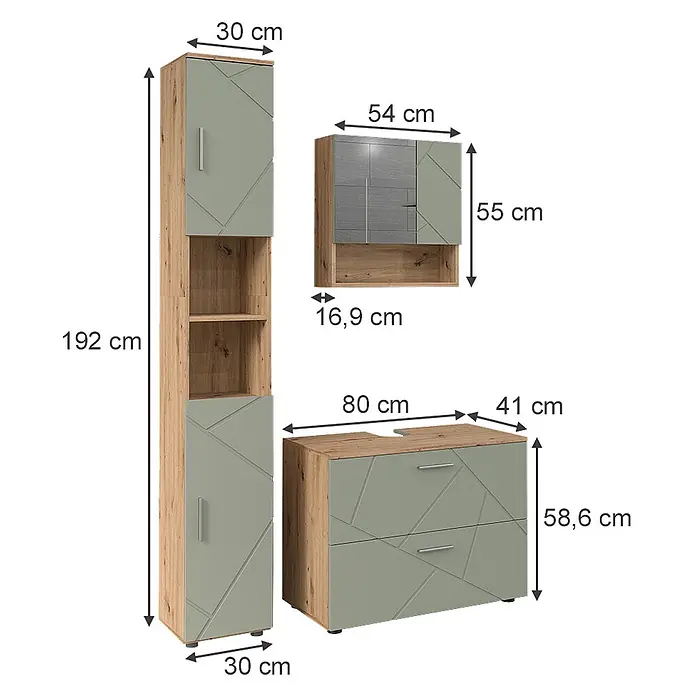 Vicco Badmöbel-Set Irma Salbeigrün 3 Teile - Salbeigrün, Glänzend - Dreiteiliges Möbelset in Holzoptik und Salbeigrün mit geometrischen Mustern: Hochschrank, Wandschrank und Kommode. Maße sind angegeben.