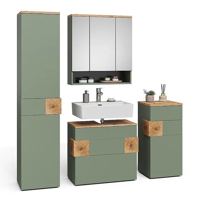 Vicco Badmöbel-Set Eden Grün 4 Teile - Grün, Matt - Salbeigrünes Badmöbel-Set mit Holzdetails, inklusive Hochschrank, Waschtisch mit Waschbecken, Spiegelschrank und kleinerem Beistellschrank.