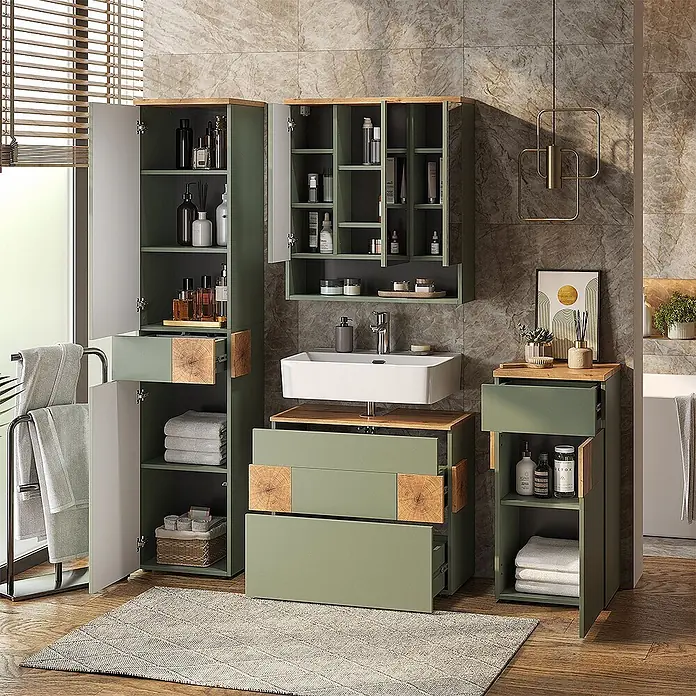 Vicco Badmöbel-Set Eden Grün 4 Teile - Grün, Matt - Badezimmermöbel-Set in Salbeigrün mit Holzdetails, bestehend aus verschiedenen Schränken und Waschtisch, in modernem Bad.