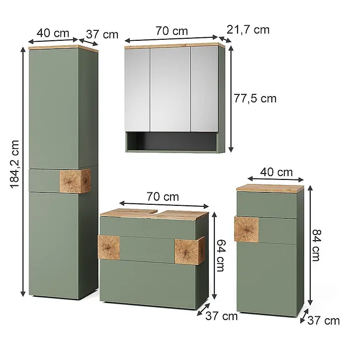 Vicco Badmöbel-Set Eden Grün 4 Teile - Grün, Matt - Badmöbel-Set in Salbeigrün mit hellen Holzdetails.