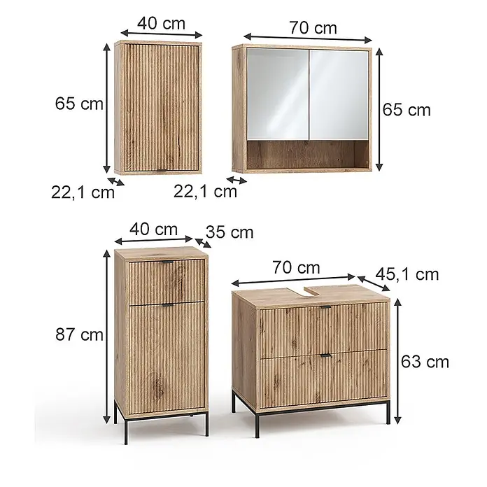 Vicco Badmöbel-Set Eliza, Viking Oak 70 cm -  - Set heller Holzbadmöbel mit geriffelter Textur und schwarzen Details, inklusive Wand- und Unterschränken, mit Maßangaben.