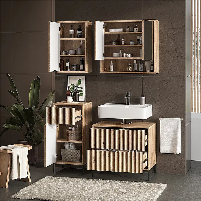 Vicco Badmöbel-Set Eliza, Viking Oak 70 cm -  - Badmöbel-Set aus hellem Holz mit geriffelten Fronten, Hängeschränken, Waschbecken und Seitenschrank. Modernes Badezimmer.