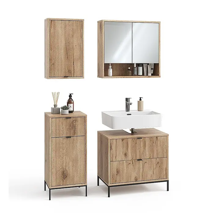 Vicco Badmöbel-Set Eliza, Viking Oak 70 cm -  - Set geriffelter Badmöbel aus hellem Holz: Hochschrank, Spiegelschrank, schmaler Schrank und Waschtischunterschrank mit Waschbecken.