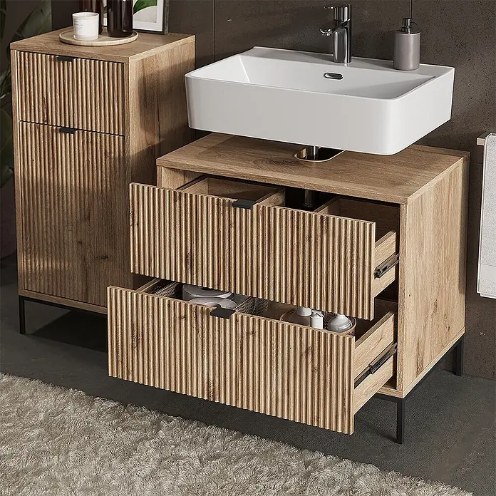 Vicco Badmöbel-Set Eliza, Viking Oak 70 cm -  - Helles Badmöbel-Set aus Holz mit geriffelten Fronten, schwarzen Griffen und Metallbeinen, bestehend aus Hochschrank und Waschtischunterschrank mit offenen Schubladen.