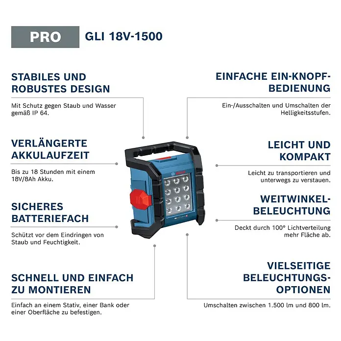 Bosch Professional AMPShare 18V LED-Akkustrahler PRO GLI18V-1500 - 18 V, Ohne Akku, 1.500 lm - Blaue und schwarze Bosch GLI 18V-1500 Arbeitsleuchte mit rotem Knopf und Tragegriff.
