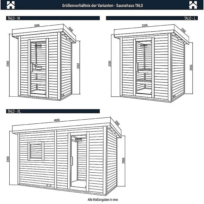 Home Deluxe Fasssauna TALO M Größe: M - Elektroofen, Holz - Strichzeichnung von drei Holzsauna-Varianten (TALO-M, -L, -XL) mit Maßen, die Größenunterschiede darstellend.
