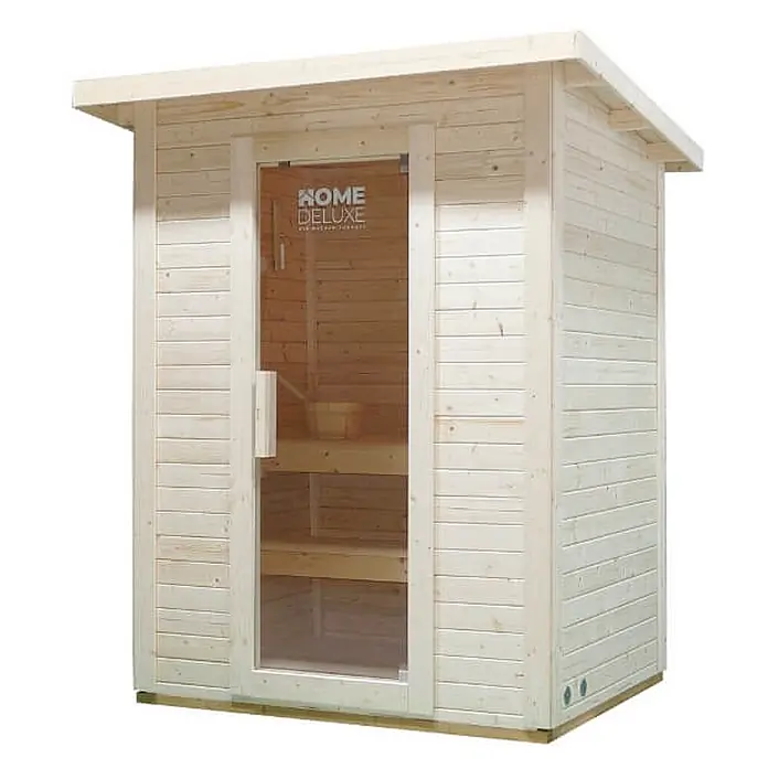 Home Deluxe Fasssauna TALO M Größe: M - Elektroofen, Holz - Helle Holzsaunakabine mit Glastür und Innenbänken.