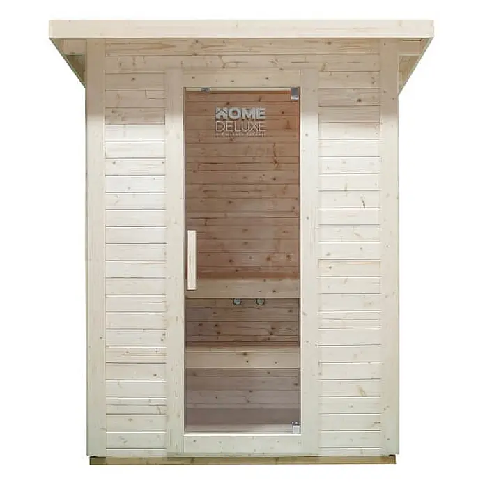 Home Deluxe Fasssauna TALO M Größe: M - Elektroofen, Holz - Saunakabine aus hellem Holz mit Glastür und Griff.