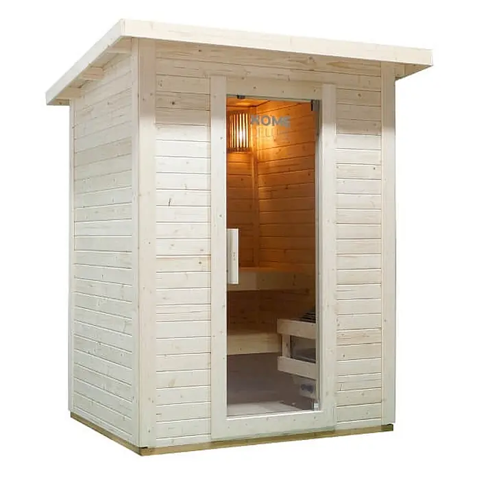 Home Deluxe Fasssauna TALO M Größe: M - Elektroofen, Holz - Moderne helle Holzsaunakabine mit Glastür, Innenbeleuchtung und sichtbarem Saunaofen.