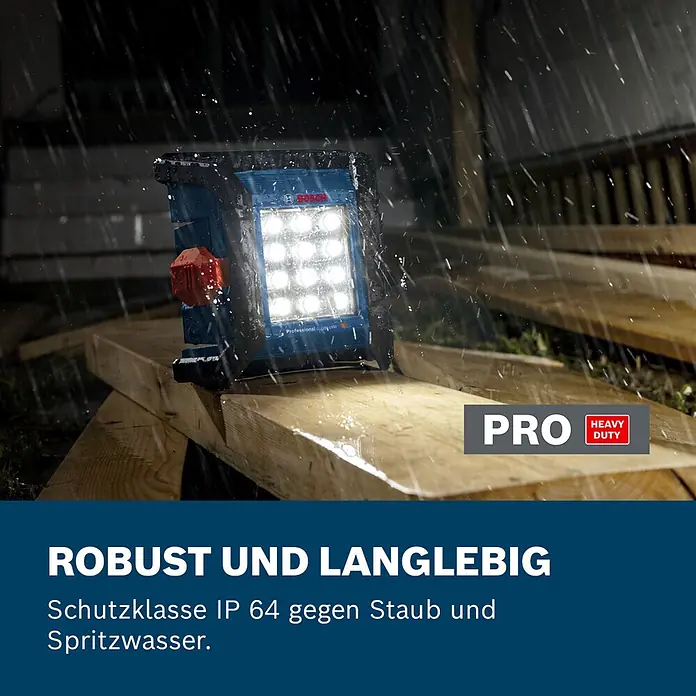 Bosch Professional AMPShare 18V LED-Akkustrahler PRO GLI18V-1500 - 18 V, Ohne Akku, 1.500 lm - Blaue Bosch Arbeitsleuchte leuchtet im Regen, IP 64 gegen Staub und Spritzwasser geschützt.