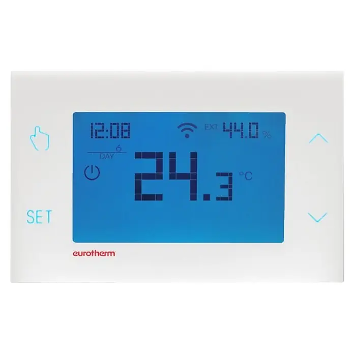 Cronotermostato digital CT-H100 - Regulador de temperatura y humedad - Termostato inteligente blanco con pantalla digital azul que muestra hora, temperatura, humedad y Wi-Fi. Incluye controles táctiles.