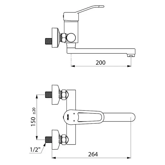 Delabie Waschtischarmatur Delabie SPT-EHM W.-Mont. Securit. Schwenkausl. L.200, Bügelgr., S/C -  - Technische Zeichnung einer wandmontierten Küchenarmatur mit Einhebelmischer, 200mm Auslauf und 150mm Achsabstand (1/2" Anschlüsse).