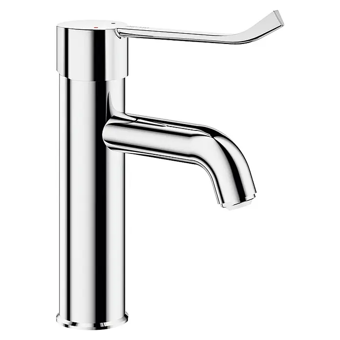 Delabie Waschtischarmatur Delabie EHM für WT EP H.95 L.120, ohne Ablaufgarnitur, Hygienehebel -  - Moderner verchromter Einhebelmischer mit hohem zylindrischem Körper und gebogenem Auslauf.