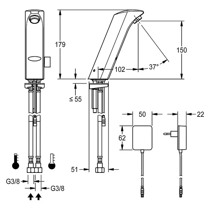 KWC Waschtischarmatur KWC AR Standbatterie, PROTRONIC-S, elek., Mischer, Steckernetzteil 230 VAC -  - Technische Zeichnung eines Wasserhahns mit Maßen, G3/8-Anschlüssen und Steuerungseinheit.