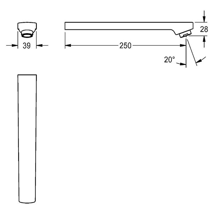 KWC Waschtischarmatur -  - Technische Zeichnung eines rechteckigen Wasserhahn-Auslaufs mit Maßen: 250mm Länge, 28mm Höhe, 39mm Basisbreite, 20° abgewinkelter Perlator.