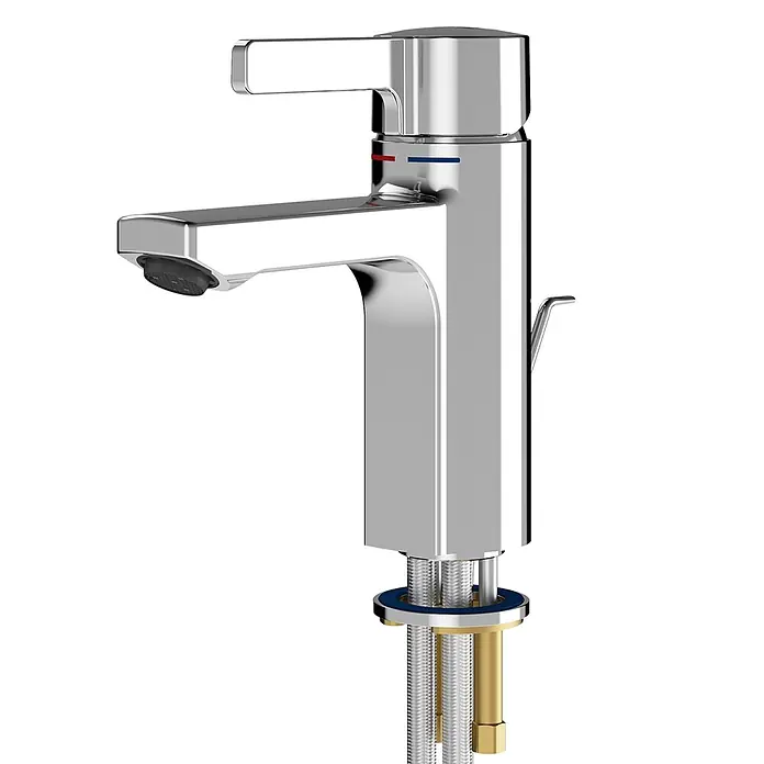 KWC Waschbecken KWC -  - Verchromte Einhebel-Waschtischarmatur mit Warm-/Kaltanzeige und sichtbaren Anschlussschläuchen.