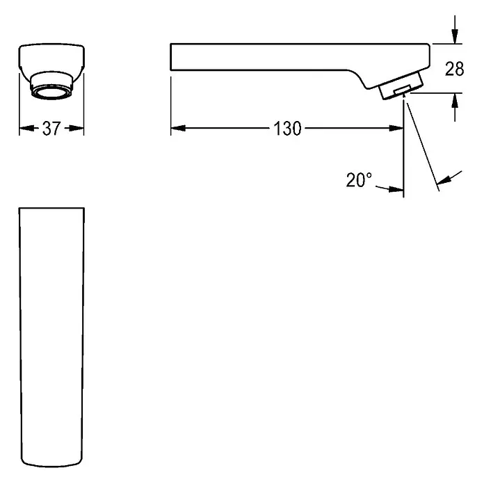 KWC Waschtischarmatur KWC AR Auslauf, F3, für UP-Armatur, 130 mm, Luftsprudler 3l, 2030051051 -  - Technische Zeichnung eines Wasserhahn-Auslaufs (130mm, 28mm, 20° Winkel) und eines zylindrischen Griffs (37mm Ø).