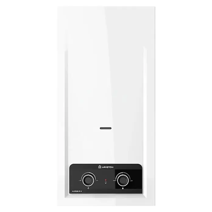 Ariston Calentador atmosférico Akros RX - 18,7 kW, Caudal de agua: 11 l/min, Gas natural - Calentador de agua Ariston blanco con panel de control negro, dos perillas giratorias y modelo AMROS RX.